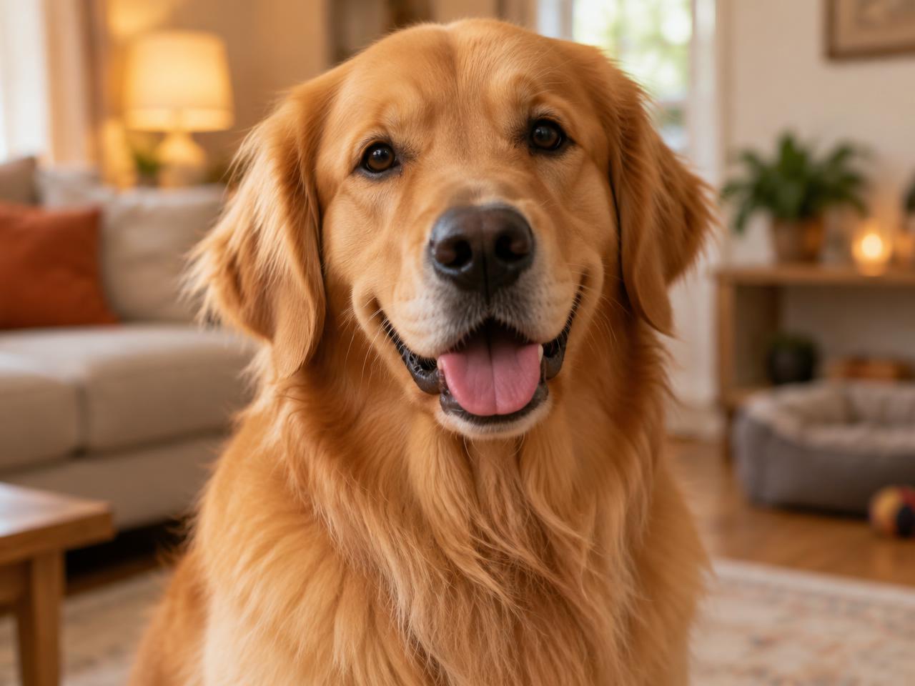 Cachorro Golden Retriever sorridente em ambiente doméstico aconchegante
